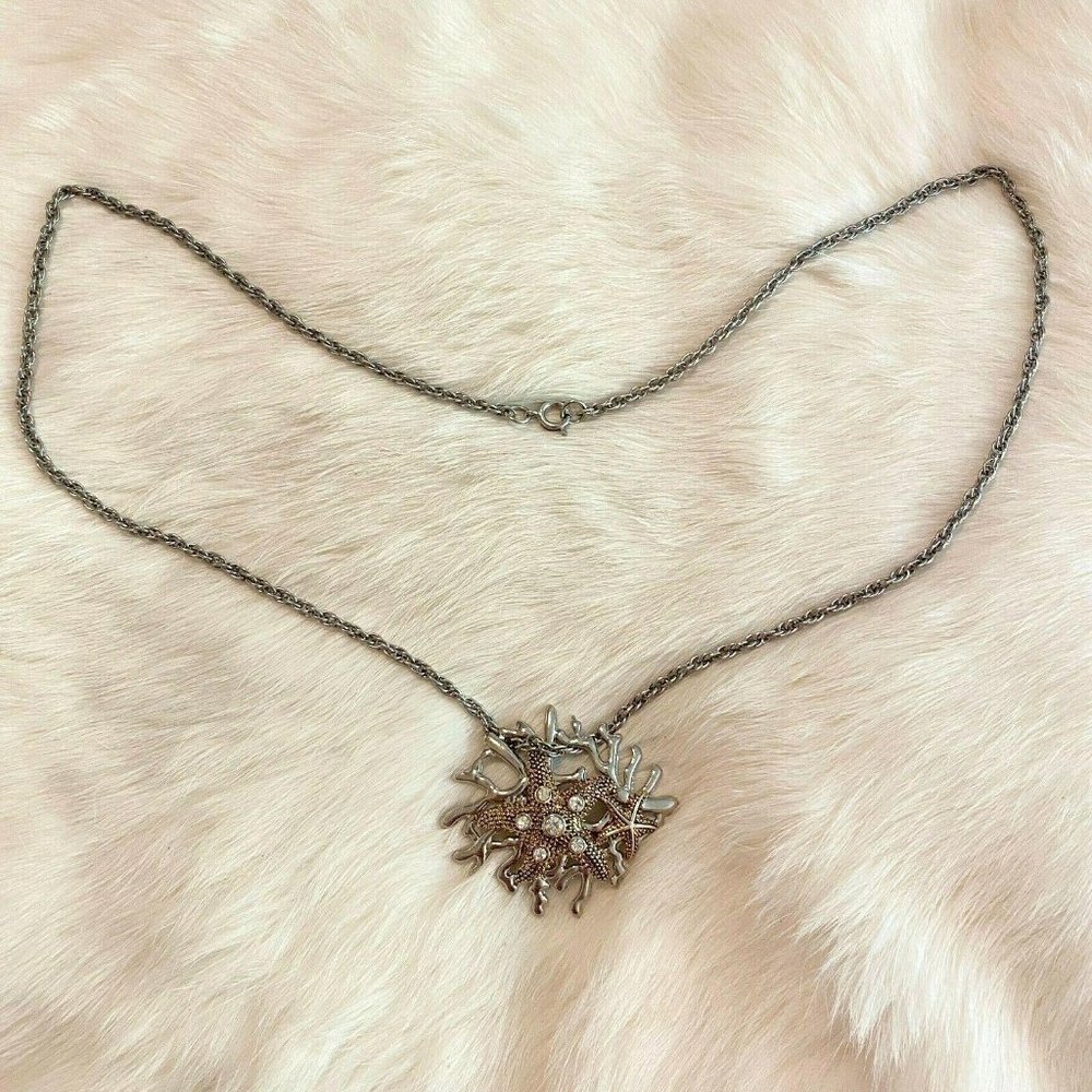 Starfish Rhinestone Necklace Beachy Nautical‎ Reef Silver Tone Coastal 5390